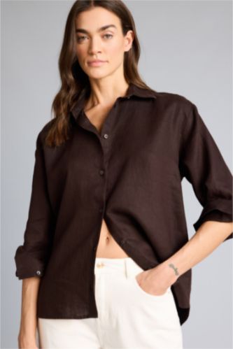 Женщины Коричневый Рубашка с длинным рукавом оверсайз из льна для женщин