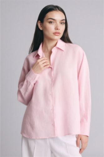 Әйелдерге Қызғылт Oversize жейде жағалы зығыр ұзын жеңді жейде