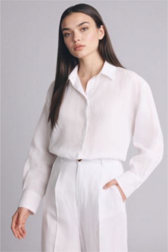 Женщины Белый Рубашка с длинным рукавом оверсайз из льна для женщин