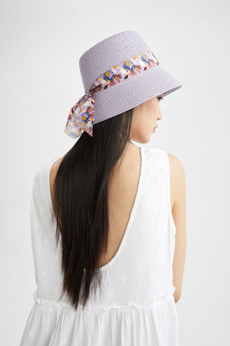 Kadın Desenli Fiyonk Detaylı Hasır Bucket Şapka