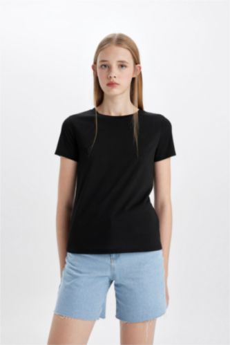 Women Black Regular Fit Short Sleeve T-Shirt