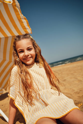 Kız Çocuk Çizgili Pamuklu Plaj Kaftanı