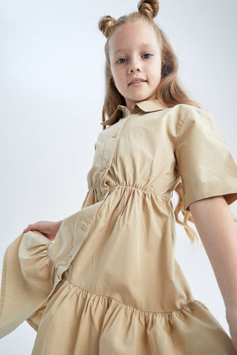 Kız Çocuk Gömlek Yaka Kısa Kollu Poplin Elbise