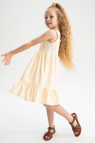 Kız Çocuk Regular Fit Çizgili Volanlı Askılı Keten Görünümlü Yazlık Elbise
