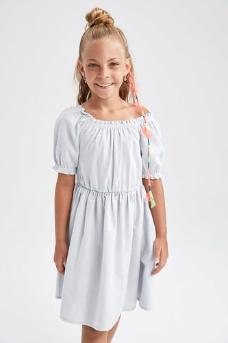 Kız Çocuk Kısa Kollu Pamuklu Keten Görünümlü Elbise