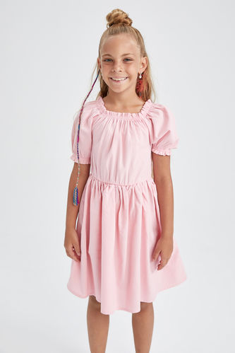 Kız Çocuk Regular Fit Kısa Kollu Pamuklu Keten Görünümlü Elbise