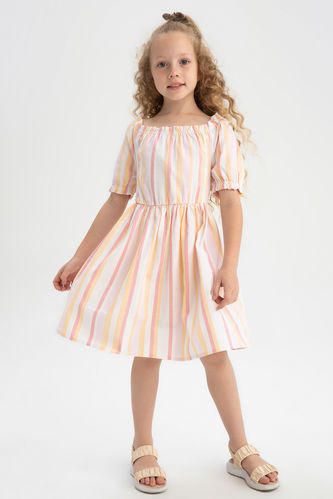 Kız Çocuk Çizgili Pamuklu Keten Görünümlü Kısa Kollu Elbise