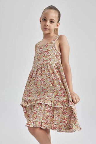 Kız Çocuk Kare Yaka Askılı Volanlı Bürümcüklü Elbise