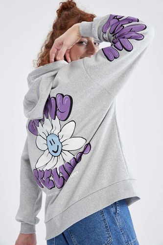 Coool Oversize Fit Kapüşonlu Çiçek Desenli Uzun Kollu Sweatshirt