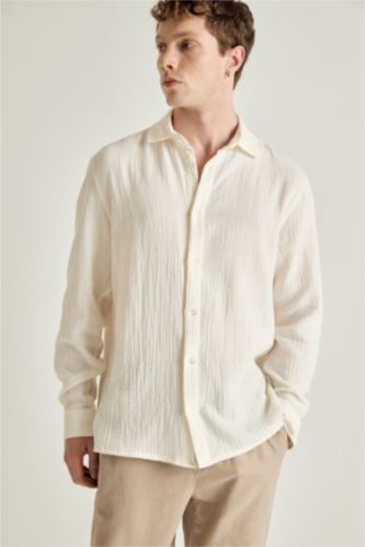 رجال أبيض Regular Fit Muslin Long Sleeve Shirt