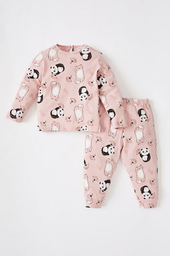 Kız Bebek Bisiklet Yaka Panda Desenli Pamuklu Uzun Kollu Pijama Takım