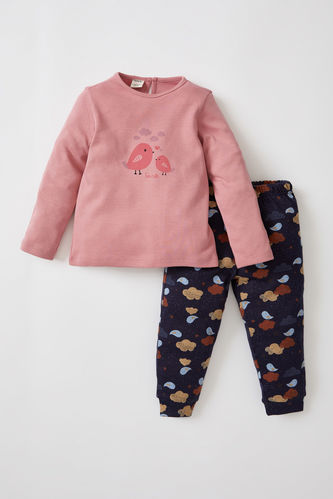 Kız Bebek Bisikelt Yaka Kuş Baskılı Pamuklu 2'li Pijama Takım
