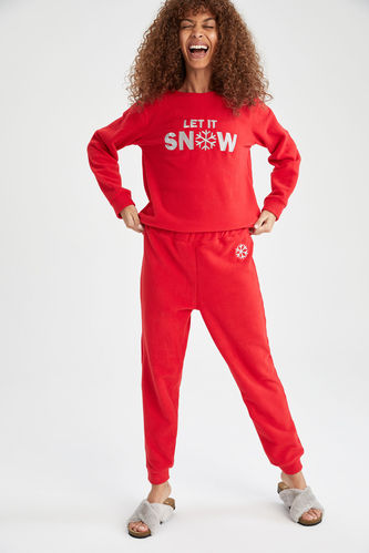 Slogan Baskılı Yılbaşı Temalı Uzun Kollu Relax Fit Polar Pijama Takımı