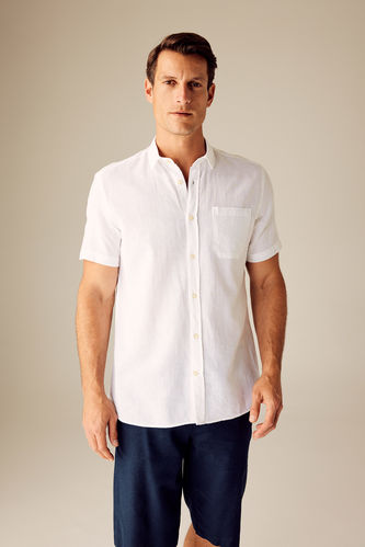 Regular Fit Polo Neck Linen Blend Short Sleeve Shirt