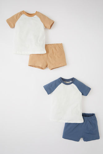 Erkek Bebek Regular Fit Pamuklu Kısa Kollu Renk Bloklu 2'li Tişört Şort Takım