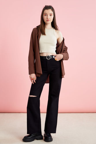 Black High Waisted Side Split Trousers | Trousers | Femme Luxe UK