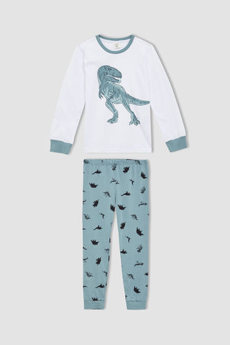 Erkek Çocuk Dinozor Baskılı Pamuklu Uzun Kollu Pijama Takım