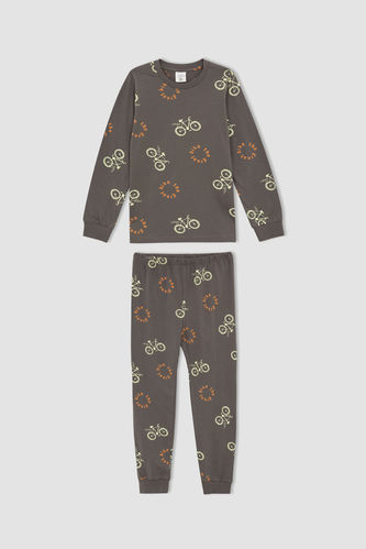 Erkek Çocuk Bisiklet Desenli Pamuklu Uzun Kollu Pijama Takım