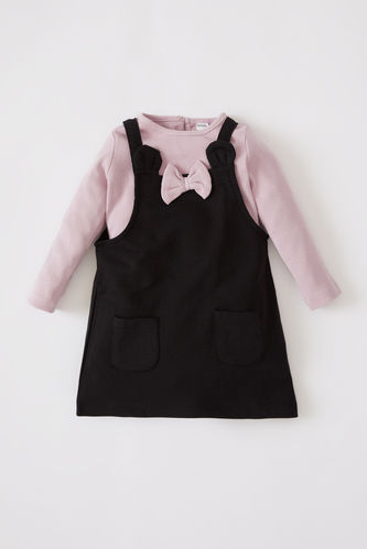 Kız Bebek Regular Fit Uzun Kollu Tişört Salopet Elbise Takım