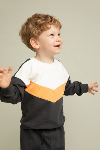 Erkek Bebek Renk Bloklu Uzun Kollu Sweatshirt Kumaşı 2'li Takım