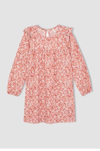 Girl Long Sleeve Floral Print Midi Dress