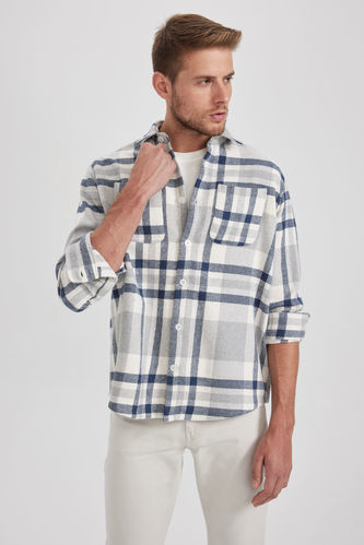Relax Fit Polo Collar Cotton Plaid Long Sleeve Shirt