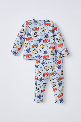 Erkek Bebek İş Makinası Desenli  Uzun Kollu Pamuklu Pijama Takım