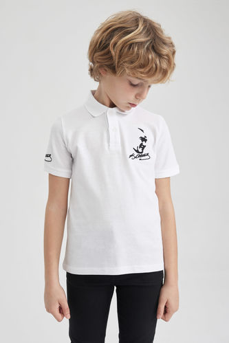 Erkek Çocuk 23 Nisan Çocuk Bayramı Atatürk Baskılı Kısa Kollu Beyaz Polo Tişört