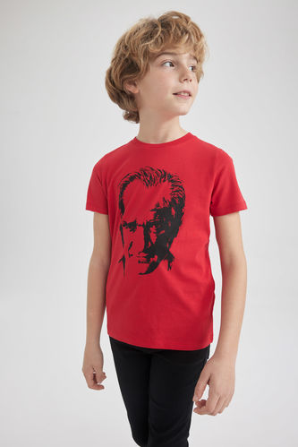 Erkek Çocuk Atatürk Baskılı Pamuklu Penye Kısa Kollu Kırmızı Tişört
