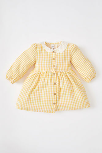 Kız Bebek Dantelli Yaka Kareli Uzun Kollu Flanel Elbise
