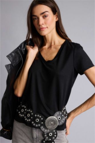 نساء أسود تيشيرت نص ردن بيزك سادة قصة عادية وياقة V