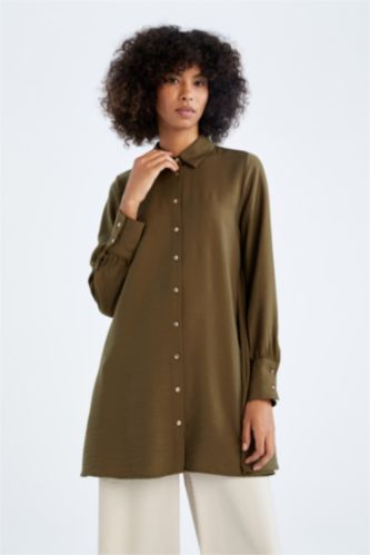 FEMME Kaki Foncé Tunique À Manches Longues Coupe décontractée Col De Chemise