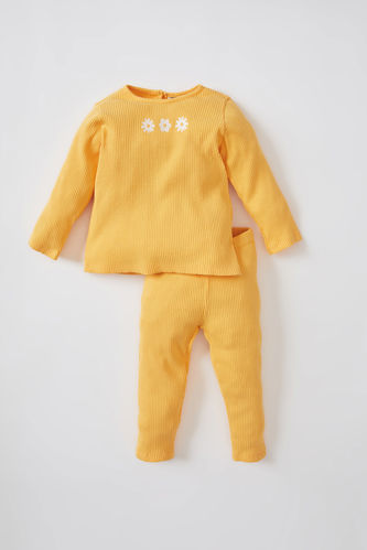 Kız Bebek Çiçek Baskılı Fitilli Kaşkorse Uzun Kollu Pijama Takım
