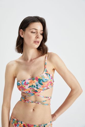 Regular Fit One Shoulder Floral Print Bikini Top