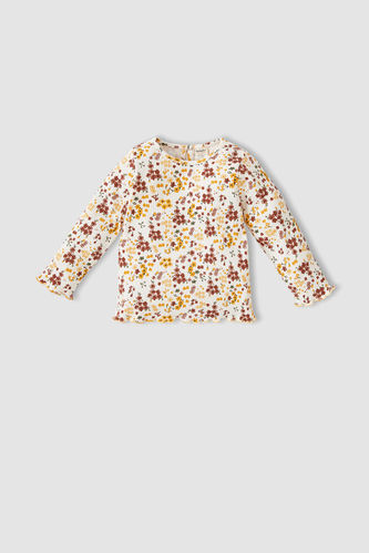 Baby Girl Floral Patterned Crew Neck Ribbed Long Sleeved T-Shirt