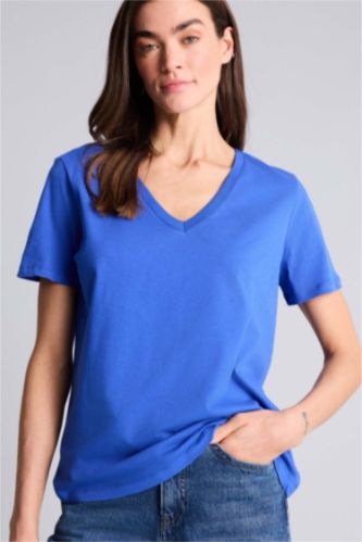 Kadın Saks %100 Pamuk V Yaka Basic Tişört