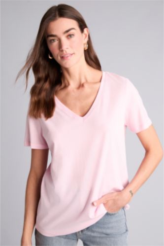 Kadın Pembe Regular Fıt V Yaka Basıc Düz Penye Kısa Kollu Tişört