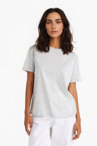 WOMAN Grey Melange Regular Fit Crew Neck Basic Cotton T-Shirt