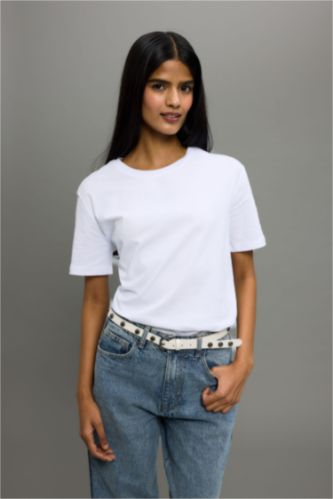 Regular Fit Crew Neck Basic Cotton White T-Shirt