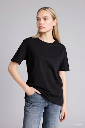 Women Black Regular Fit Crew Neck Basic Short Sleeve T-Shirt