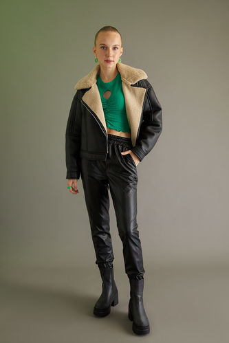 Relax Fit Plush Faux Leather Jacket