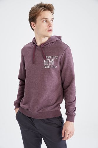 Slim Fit Kapüşonlu Slogan Desenli Uzun Kollu Sweatshirt