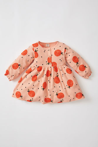 Kız Bebek Regular Fit Portakal Desenli Pamuklu Uzun Kollu Elbise