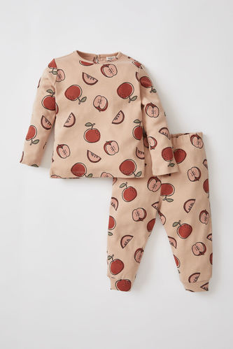 Kız Bebek Regular Fit Elma Desenli Uzun Kollu Pamuklu Pijama Takım