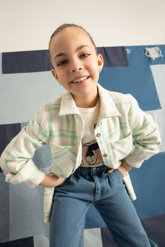 Kız Çocuk Oversize Fit Kareli Uzun Kollu Twill Uzun Kollu Gömlek Ceket