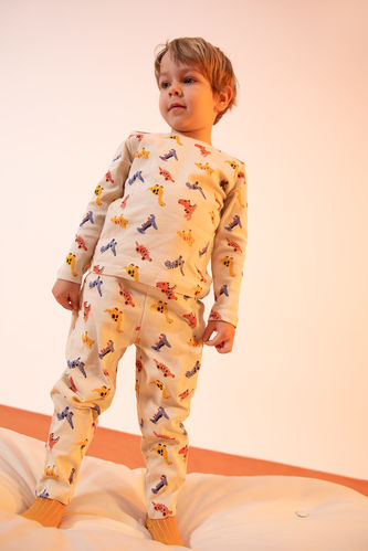 Erkek Bebek Bisiklet Yaka Hayvan Desenli Uzun Kollu Organik Pamuklu Pijama Takım