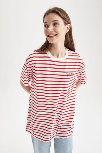 Regular Fit Crew Neck Striped Combed Cotton Short Sleeve Tunic