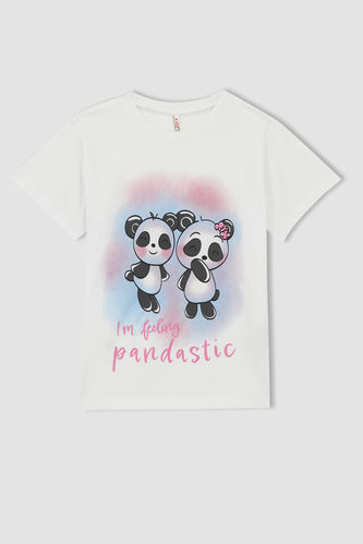 Kız Çocuk Regular Fit Panda Baskılı Bisiklet Yaka Kısa Kollu Tişört