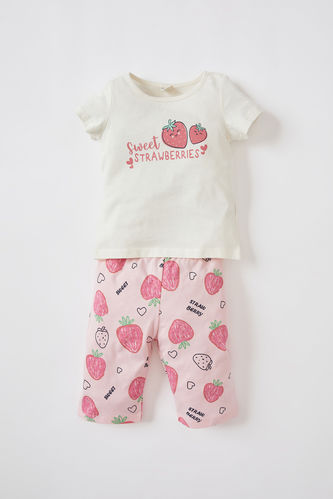 Kız Bebek Çilek Baskılı Kısa Kollu Pamuklu Pijama Takım
