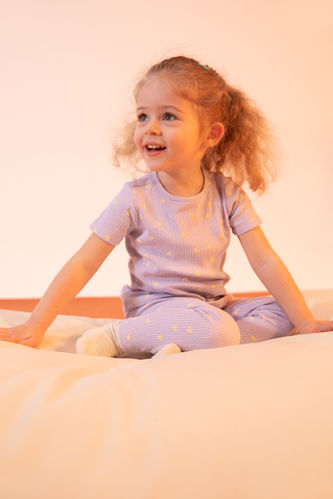 Baby Girl Patterned Crew Neck Ribbed Camisole Organic Cotton Long Sleeve Pajamas Set